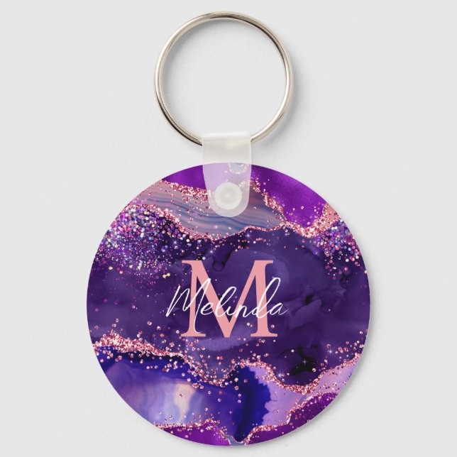 Dark Purple and Pink Glitter Sequins Agate Key Ring (Front)