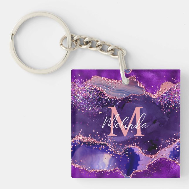 Dark Purple and Pink Glitter Sequins Agate Key Ring (Front)