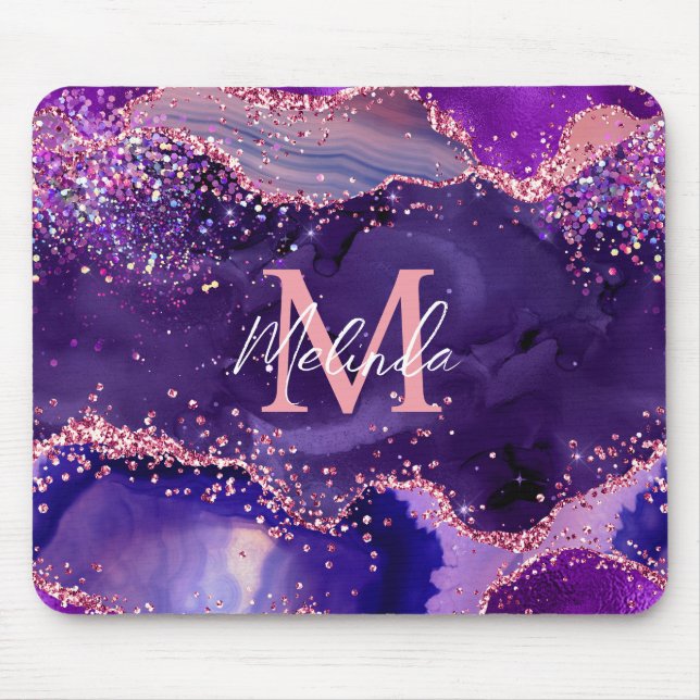 Dark Purple and Pink Glitter Sequins Agate Mouse Mat (Front)