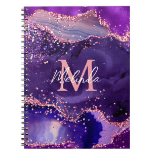 Dark Purple and Pink Glitter Sequins Agate Notebook