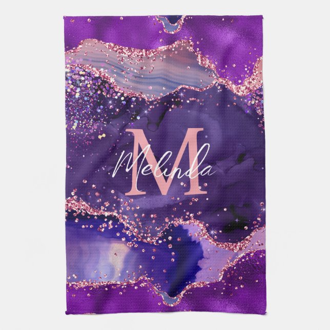 Dark Purple and Pink Glitter Sequins Agate Tea Towel (Vertical)