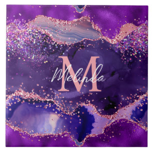 Dark Purple and Pink Glitter Sequins Agate Tile