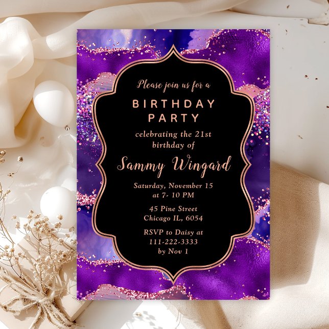 Dark Purple and Pink Sequins Agate Birthday Invitation (Creator Uploaded)