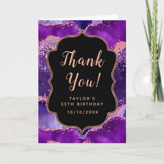 Dark Purple and Pink Sequins Agate Birthday Thank You Card (Front)