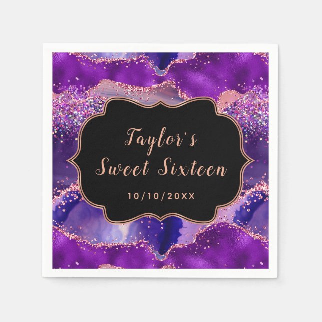 Dark Purple and Pink Sequins Agate Sweet Sixteen Napkin (Front)