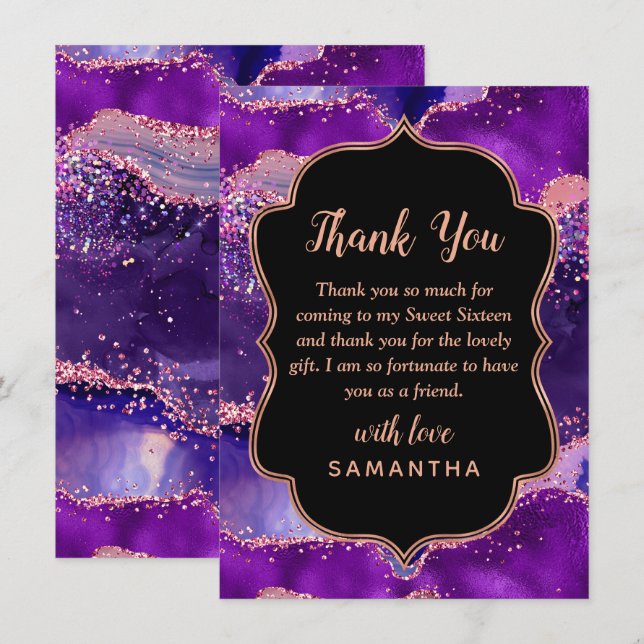 Dark Purple and Pink Sequins Agate Sweet Sixteen Thank You Card (Front/Back)