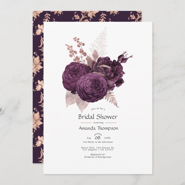 Dark Purple and Rose Gold Floral Bridal Shower Invitation (Front/Back)