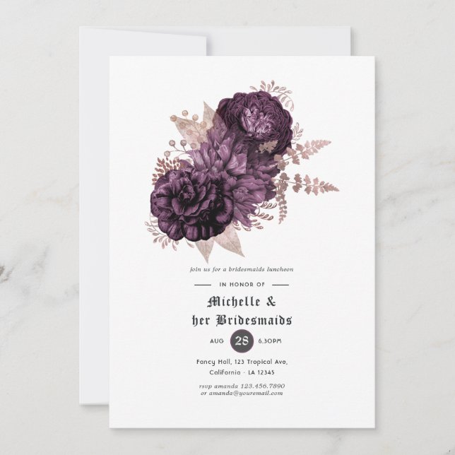 Dark Purple and Rose Gold Floral Bridesmaids Lunch Invitation (Front)