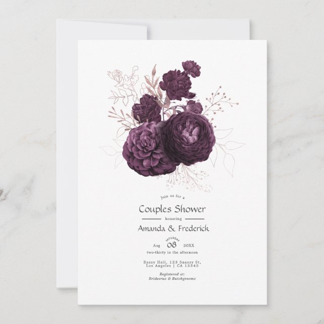 Dark Purple and Rose Gold Floral Couples Shower Invitation (Front)