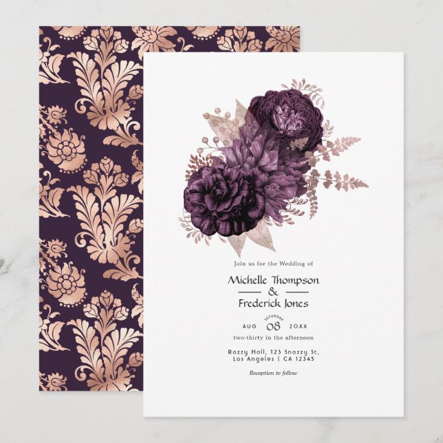 Dark Purple and Rose Gold Floral Wedding Invitation (Front/Back)