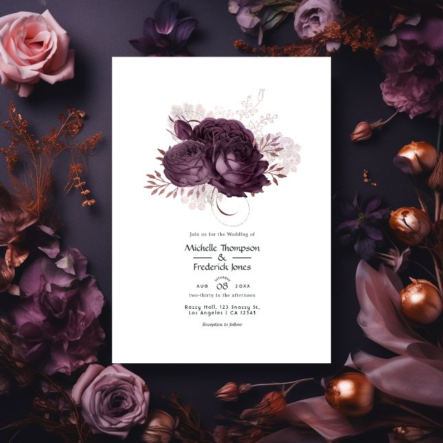 Dark Purple and Rose Gold Floral Wedding QR Code Invitation (Creator Uploaded)