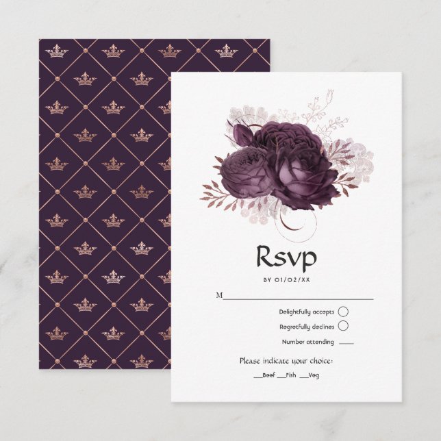 Dark Purple and Rose Gold Floral Wedding RSVP Card (Front/Back)
