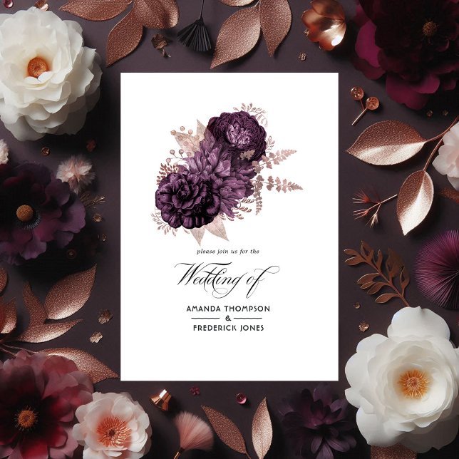 Dark Purple and Rose Gold Floral Wedding Tri-Fold Invitation (Dark Purple and Rose Gold Floral Wedding Tri-Fold Invitation)