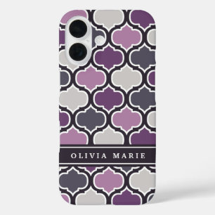 Dark Purple Arabesque Pattern Personalised Name iPhone 16 Case