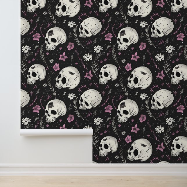 Dark Purple Black Skull Pink Flowers Gothic  Wallpaper (Application)