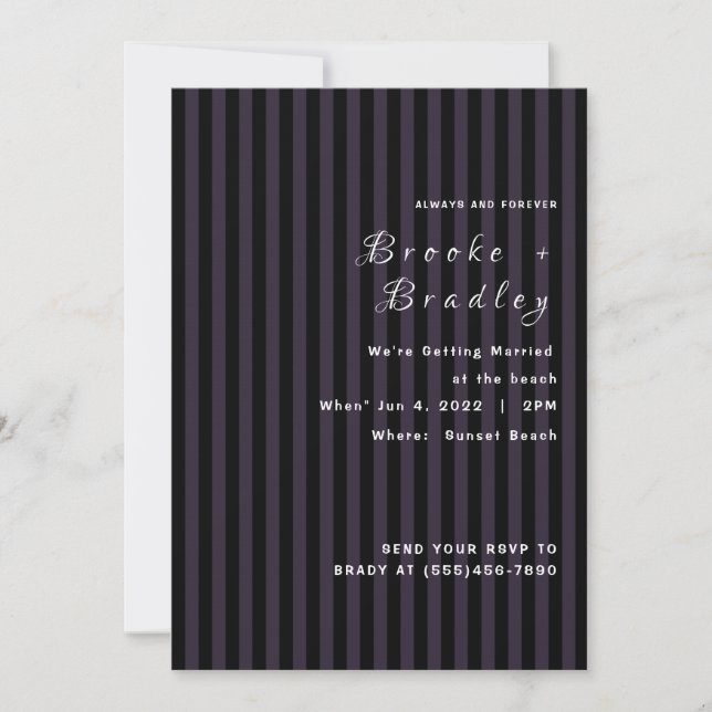 Dark Purple & Black Striped Wedding Invitation (Front)
