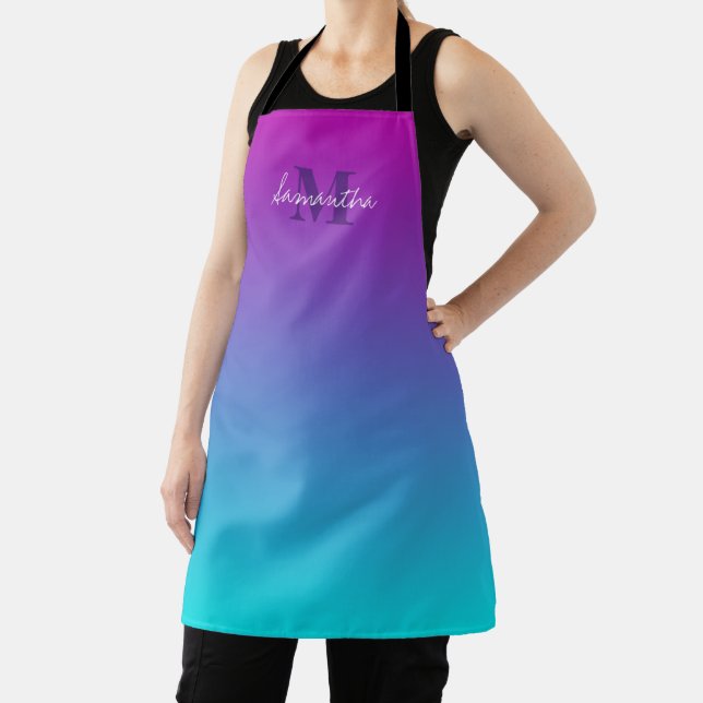 Dark Purple Blue Teal Ombre Name Monogram Apron (Insitu)