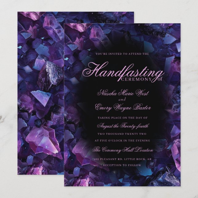 Dark Purple Boho Witch Crystals Black Handfasting Invitation (Front/Back)