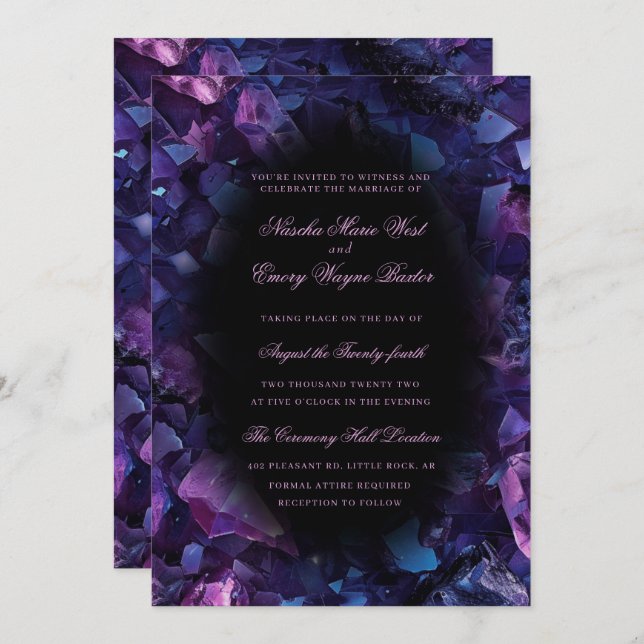 Dark Purple Boho Witch Crystals Black Wedding Invitation (Front/Back)