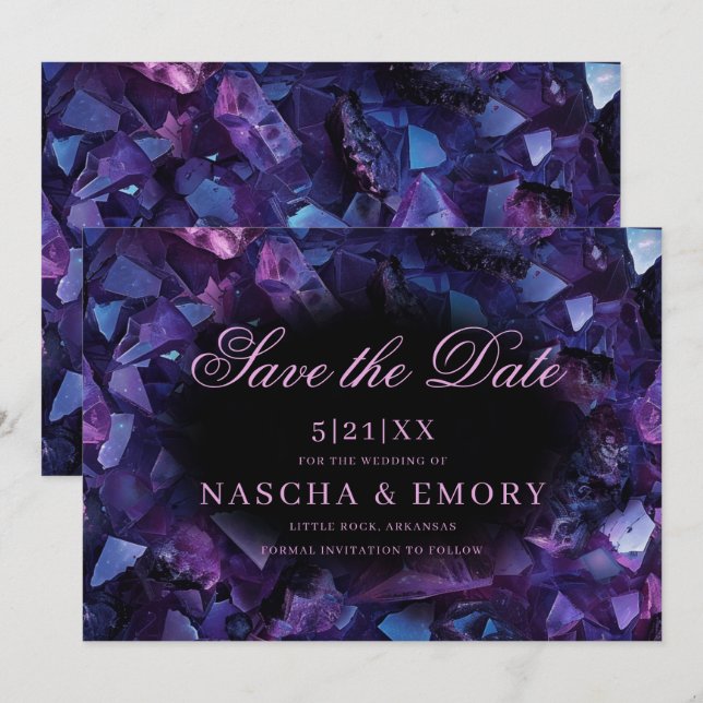 Dark Purple Boho Witch Crystals Black Wedding Save The Date (Front/Back)