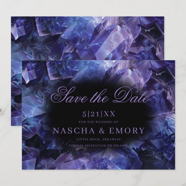 Dark Purple Boho Witch Crystals Black Wedding Save The Date (Front/Back)
