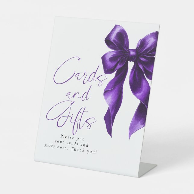 Dark Purple Bow Cards and Gifts Bridal Shower Pedestal Sign (Front)