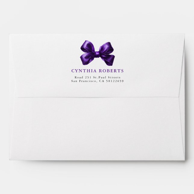 Dark Purple Bow Modern Elegant Return Address Envelope (Back (Top Flap))