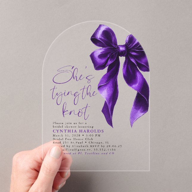 Dark Purple Bow She's Tying the Knot Bridal Shower Acrylic Invitations (Insitu (Handheld))