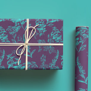 Dark Purple & Bright Blue Poison Flower Line Art  Wrapping Paper Sheet