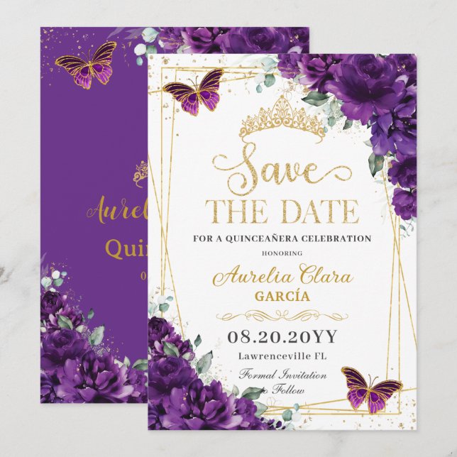 Dark Purple Butterflies Gold Quinceanera Sweet 16  Save The Date (Front/Back)
