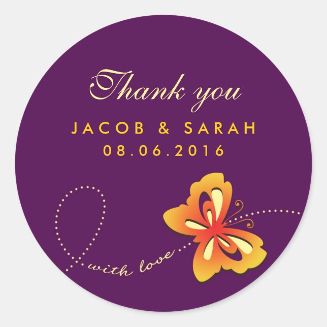Dark Purple Butterfly Wedding Thank You Sticker (Front)