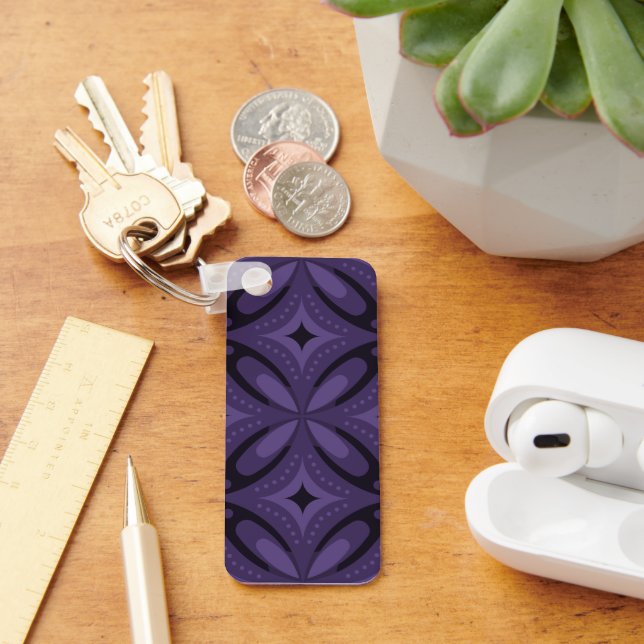 Dark Purple Coloured Retro Pattern Key Ring (Desk)