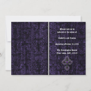 Dark Purple Damask Cross Gothic Wedding Invitation