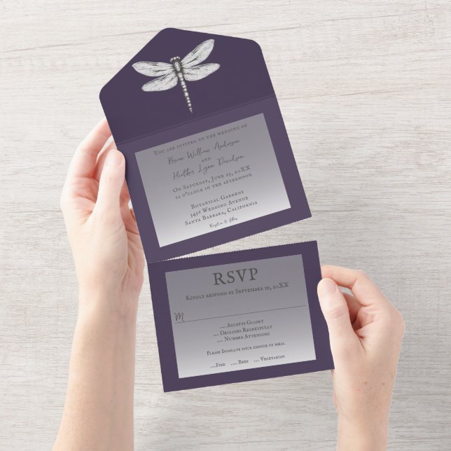 Dark Purple Dragonfly Wedding All In One Invitation (Tearaway)