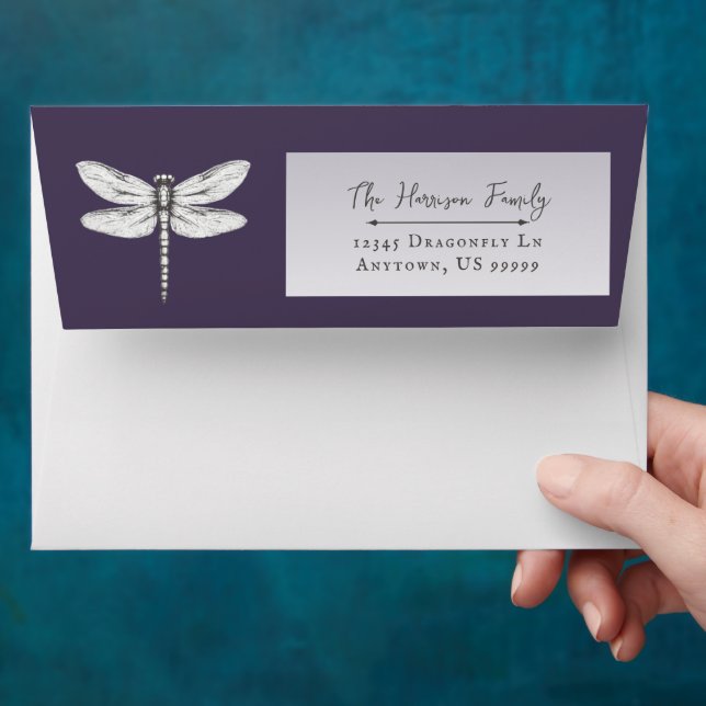 Dark Purple Dragonfly Wedding Envelope (Hand)