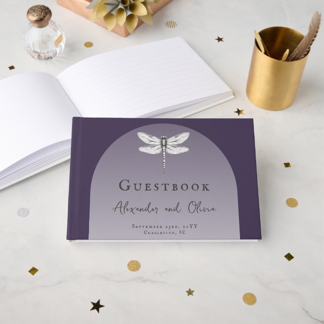 Dark Purple Dragonfly Wedding Guest Book (Front Open)