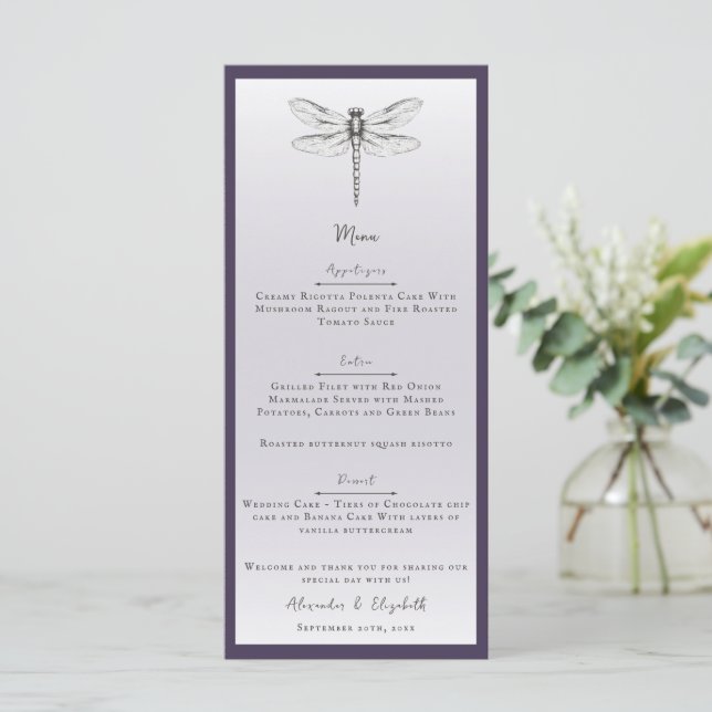 Dark Purple Dragonfly Wedding Menu (Standing Front)