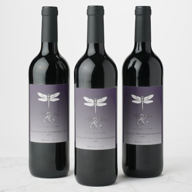 Dark Purple Dragonfly Wedding Wine Label (Bottles)