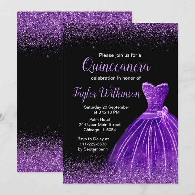 Dark Purple Dress Faux Glitter Quinceanera Invitation (Front/Back)