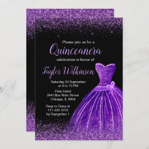 Dark Purple Dress Faux Glitter Quinceanera Invitation