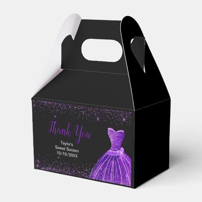 Dark Purple Dress Faux Glitter Sweet 16 Birthday Favour Box (Back Side)