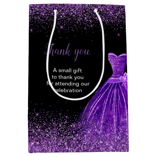 Dark Purple Dress Faux Glitter Sweet 16 Birthday Medium Gift Bag (Front)