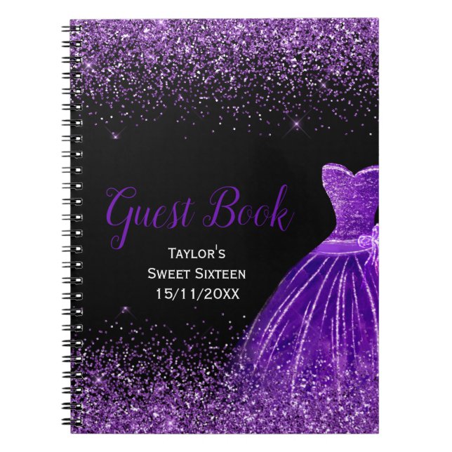 Dark Purple Dress Faux Glitter Sweet 16 Birthday Notebook (Front)