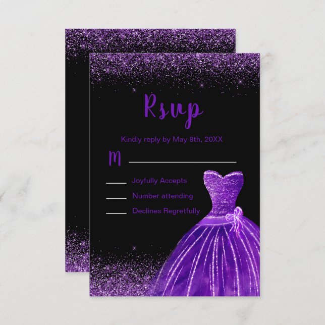 Dark Purple Dress Faux Glitter Sweet 16 Birthday RSVP Card (Front/Back)