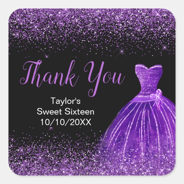 Dark Purple Dress Faux Glitter Sweet 16 Birthday Square Sticker (Front)