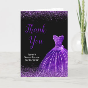 Dark Purple Dress Faux Glitter Sweet 16 Birthday Thank You Card