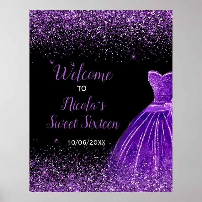 Dark Purple Dress Faux Glitter Sweet 16 Welcome Poster (Front)