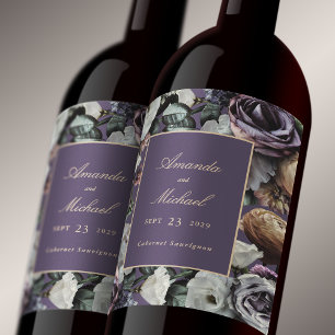 Dark Purple Elegant Floral Bride and Groom Wedding Wine Label