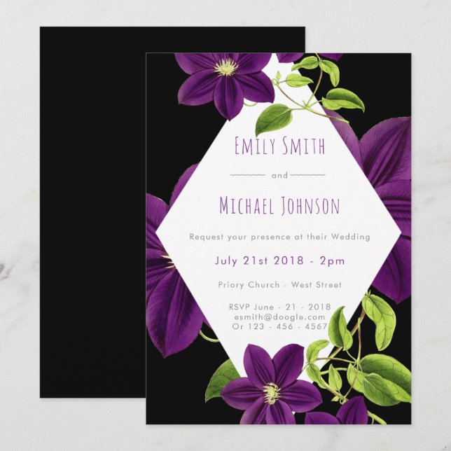 Dark Purple Emerald Green Floral Wedding Modern Invitation (Front/Back)