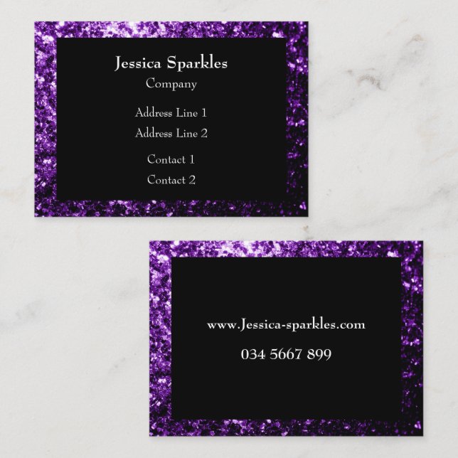 Dark Purple faux glitter sparkles frame Black Business Card (Front/Back)